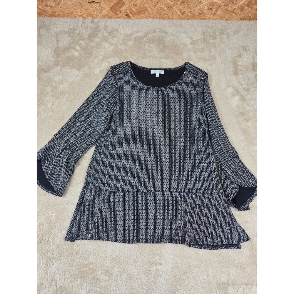 CHAUS Womens Black Silver Metallic Knit Bell‎ Sleeve Tunic Top L